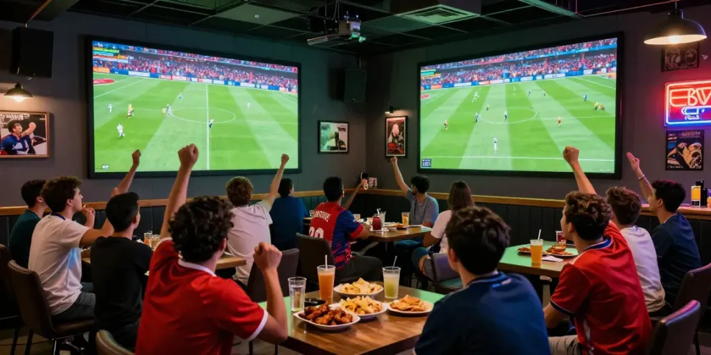 Excited fans enjoying live football on https://gavangtv.life/ at a vibrant sports bar