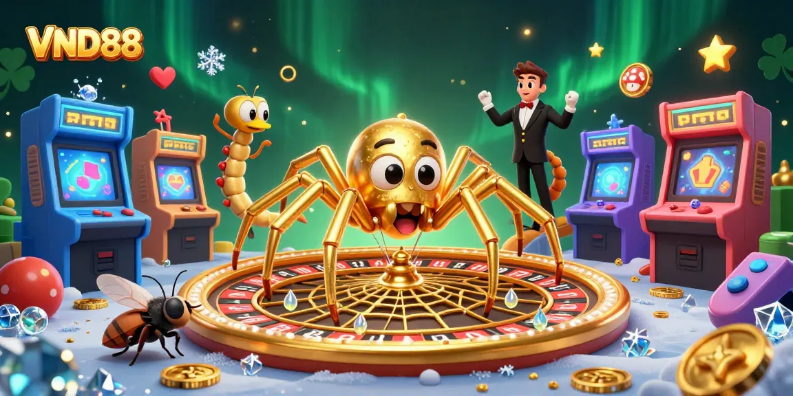 VND88 showcases a lively 3D cartoon casino scene featuring a roulette wheel and vibrant arcade elements.