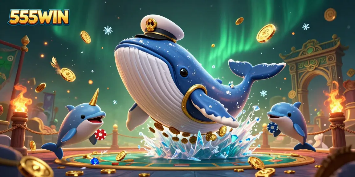 Experience thrilling action with 555WIN as a cartoon whale breaches through coins in a dynamic casino scene.