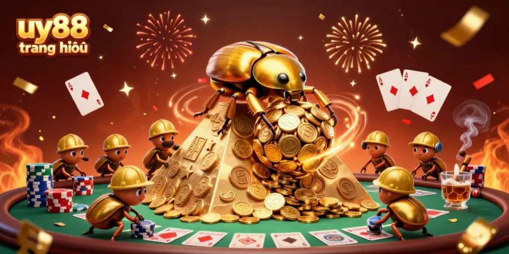 Bet on uy88 trang chủ with a lively illustration of casino themes featuring golden dung beetles.