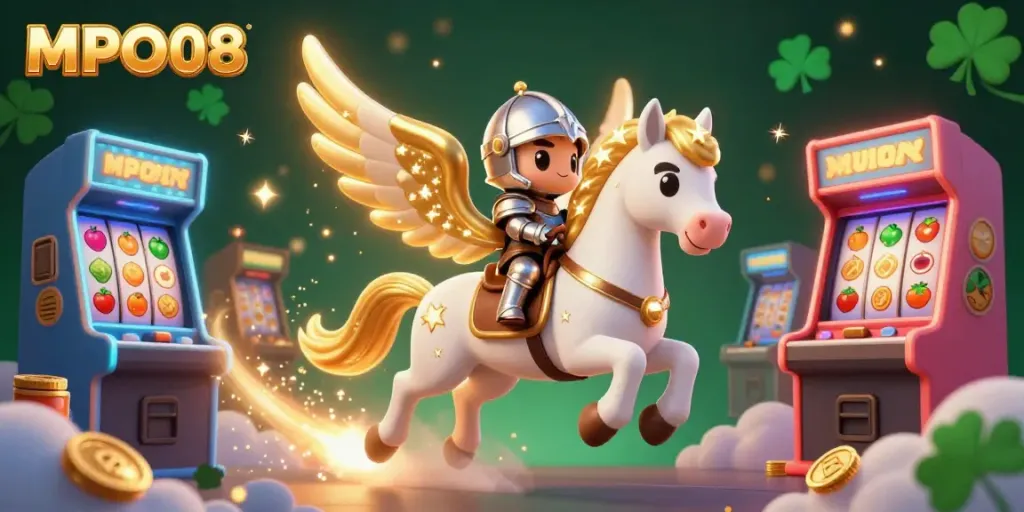 Experience thrilling gameplay with MPO08 in a vibrant casino scene filled with slots and coins.