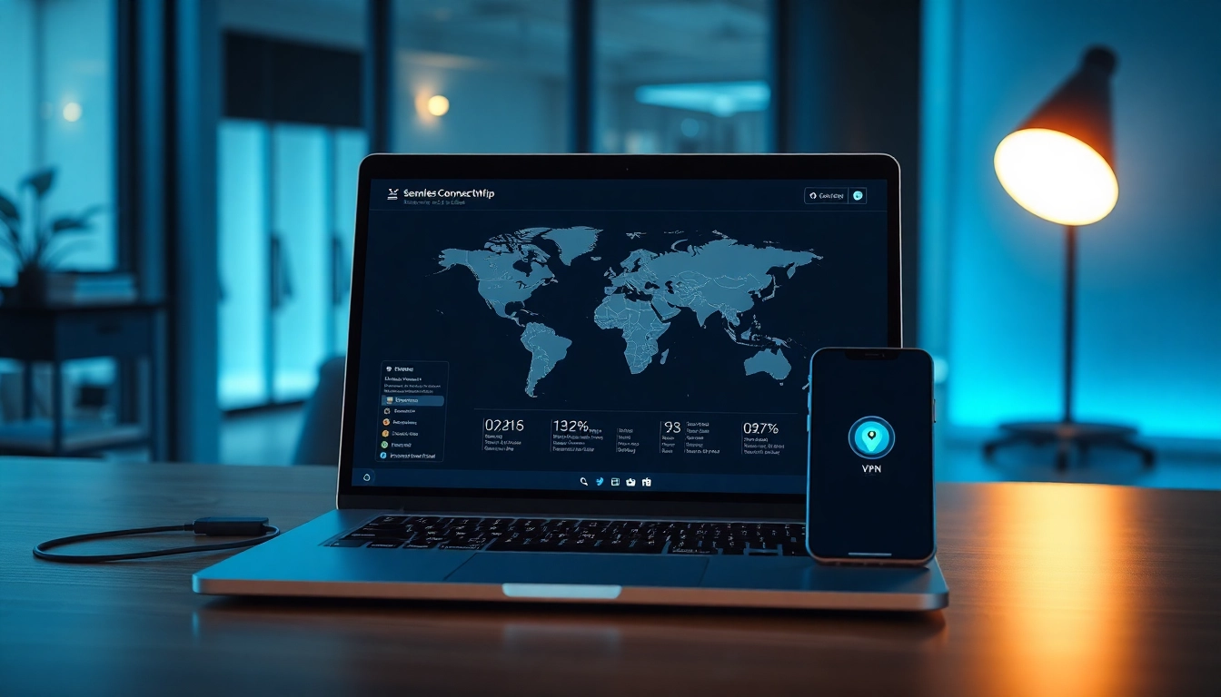 快连下载 app showcased on a laptop in a modern workspace, emphasizing global connectivity.