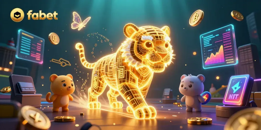 Experience the vibrant energy of fabet with this dynamic digital casino illustration featuring a neon tiger and crypto elements.