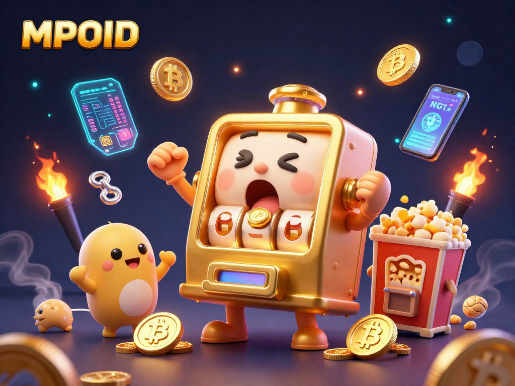 MPOID wins big with a dynamic slot machine scene showcasing exciting casino elements and joyful celebrations.