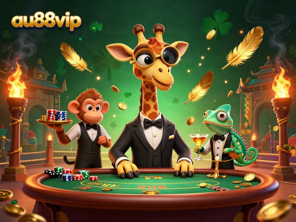Experience the thrilling atmosphere of au88vip with a vibrant 3D casino scene featuring animated characters.
