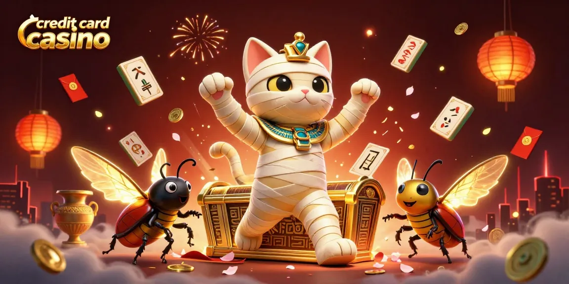 Engage with the vibrant scene of a credit card casino featuring a mummy cat and dynamic gaming elements.