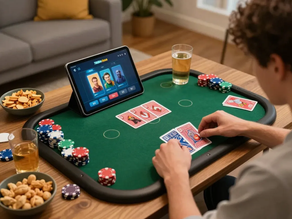 Player enjoying a thrilling session on the 789club app with cards and chips in a cozy setting