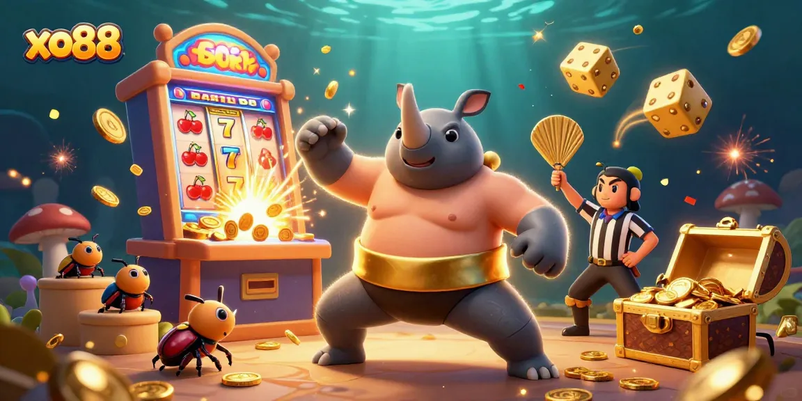 Experience the excitement of xo88 with a vibrant casino scene featuring a rhinoceros beetle sumo champion.