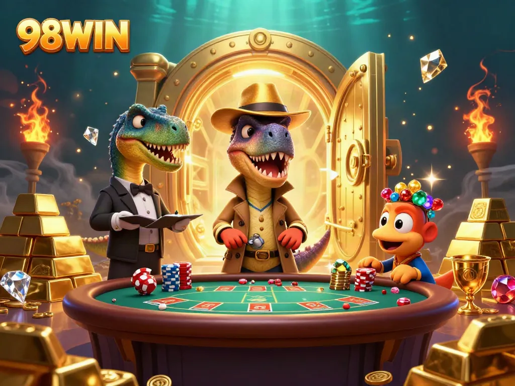 Play at 98WIN with a stealthy velociraptor card counter and a wary stegosaurus pit boss in a rich casino scene.