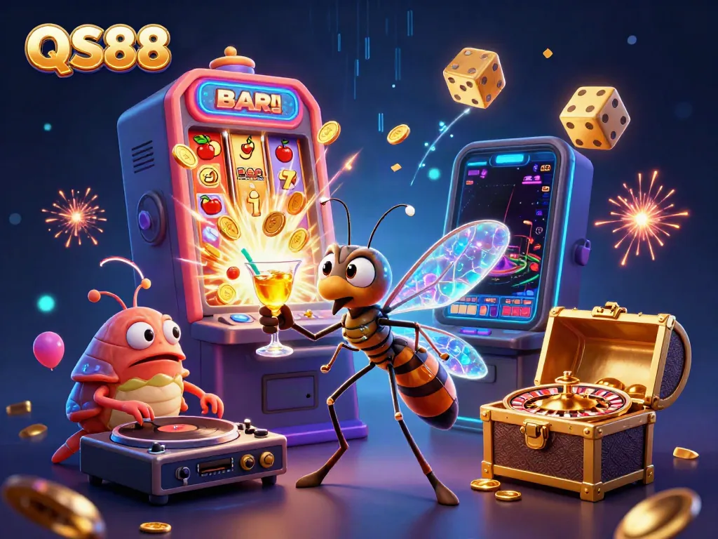 Experience the vibrant QS88 casino scene featuring a frozen mosquito mascot, trilobite DJ, and golden roulette wheel.