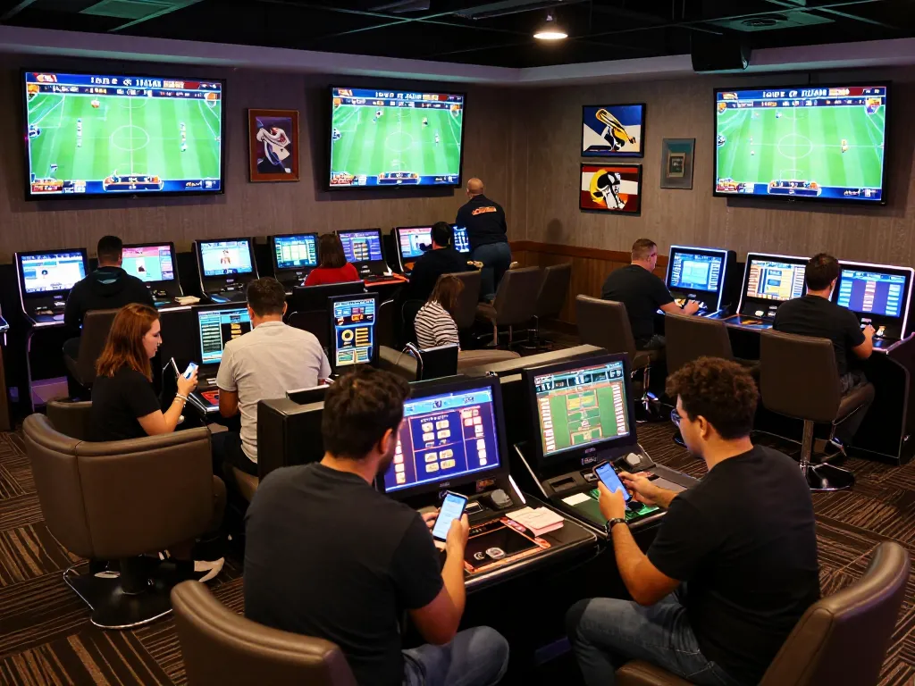 Experience sports betting excitement at Freecuci365 with a bustling casino atmosphere and active players.