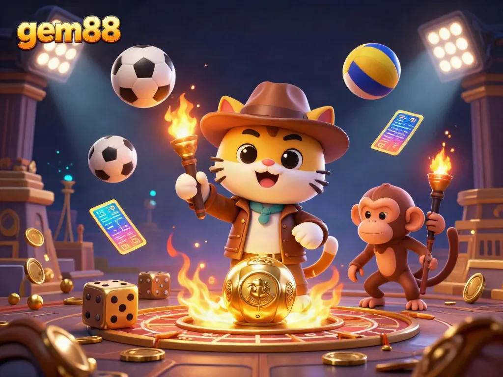 Experience gem88's thrilling casino adventure with a cat explorer and monkey companion amid golden treasures.
