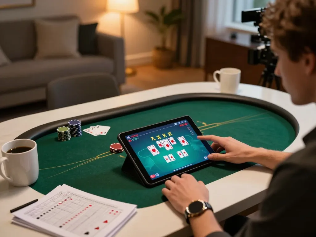 Engaging in a thrilling 789 poker game on tablet at home, showcasing strategic notes.