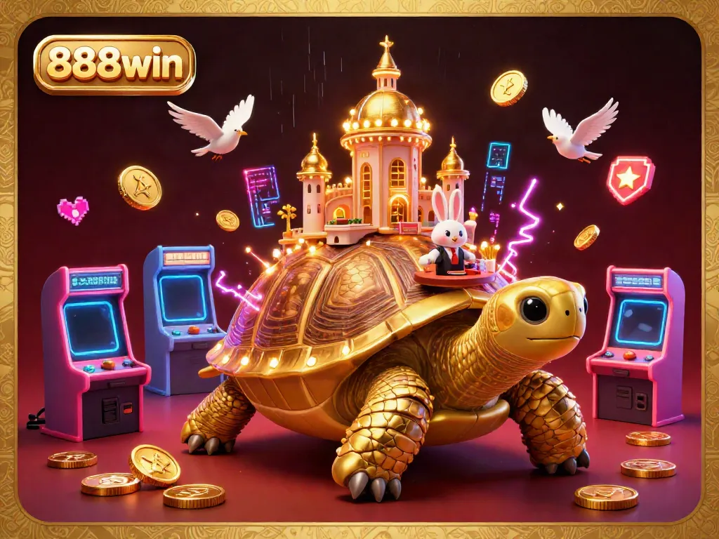 Experience the fun of 888win with a vibrant 3D casino scene filled with colorful games and a dealer.