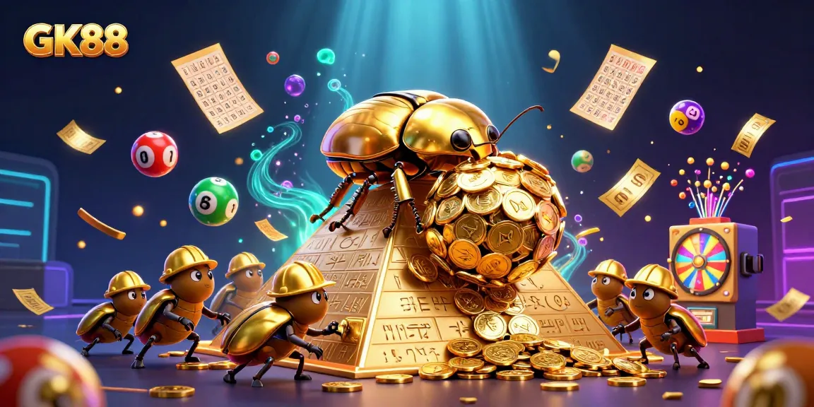 Experience thrilling gaming at GK88 with a cartoon beetle rolling gold coins, enhancing your luck in online gambling.