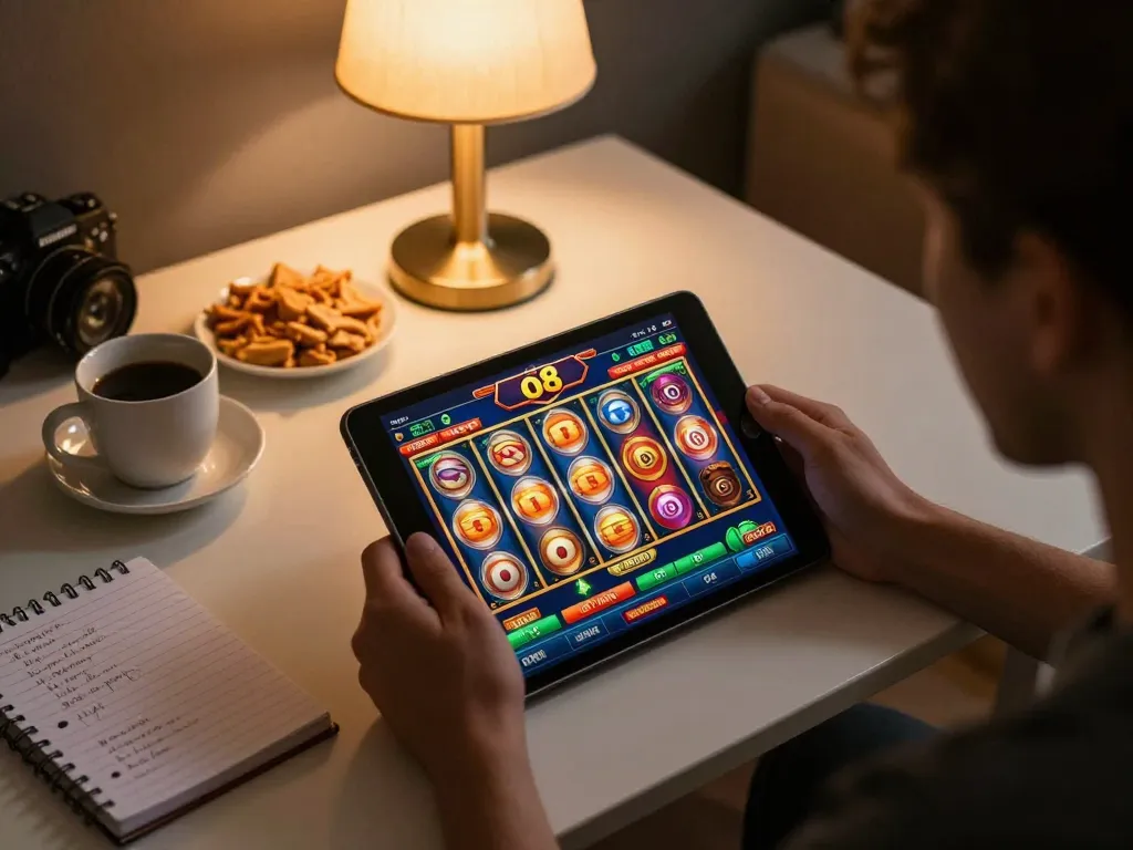 Engaged player interacting with the o8 casino app on tablet in a cozy home setup, capturing dynamic online gaming experience.