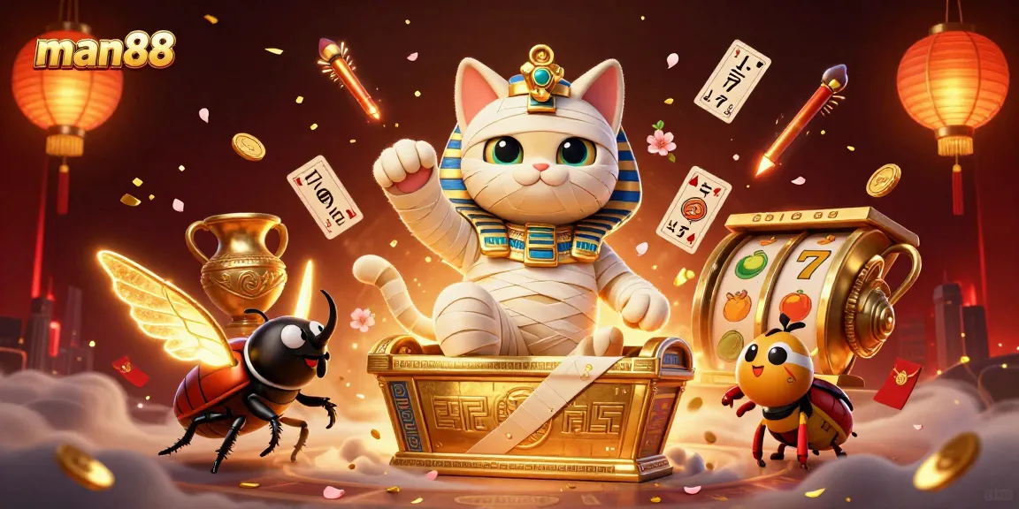 Experience man88 at a vibrant pyramid casino, where a mummy cat and a scarab celebrate lucky wins!