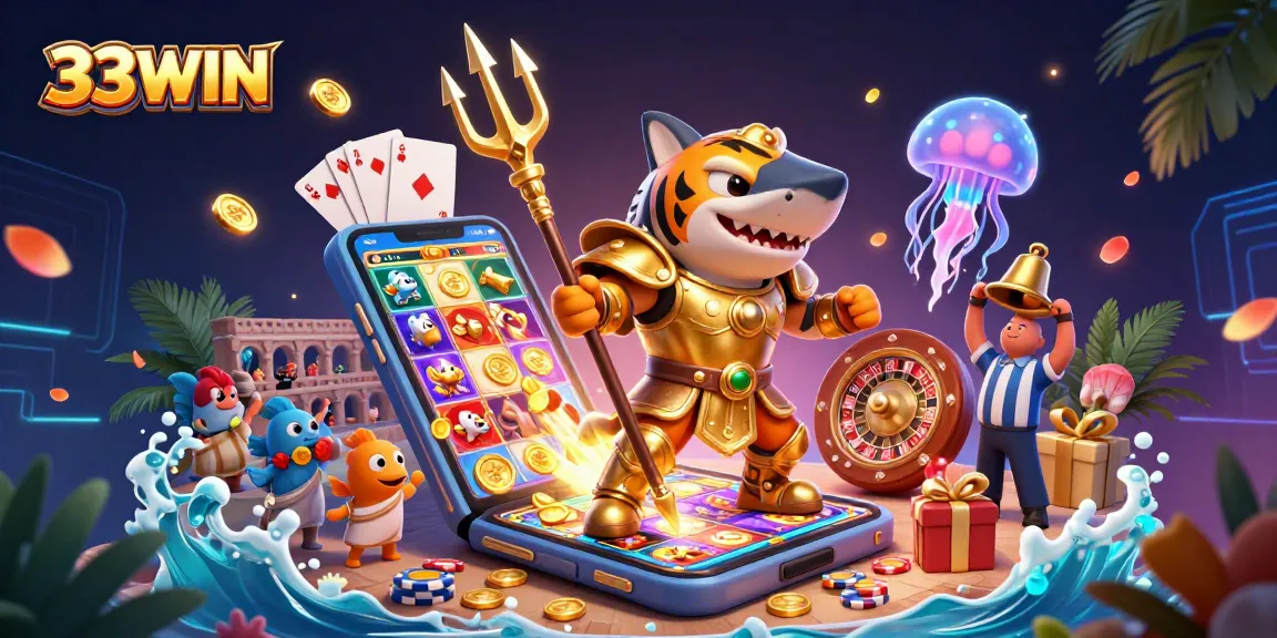 33WIN players engaging in thrilling slot games with vibrant jackpots and immersive underwater characters.