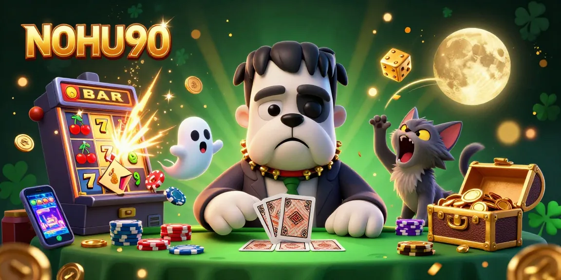 Experience thrills with NOHU90's exciting slots as a Frankenstein bulldog deals cards at a lively casino table.
