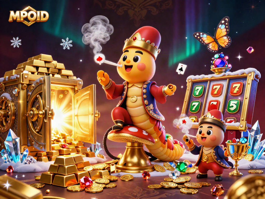 Catch rich rewards at MPOID with dazzling gems and animated poker symbols in an engaging casino scene.