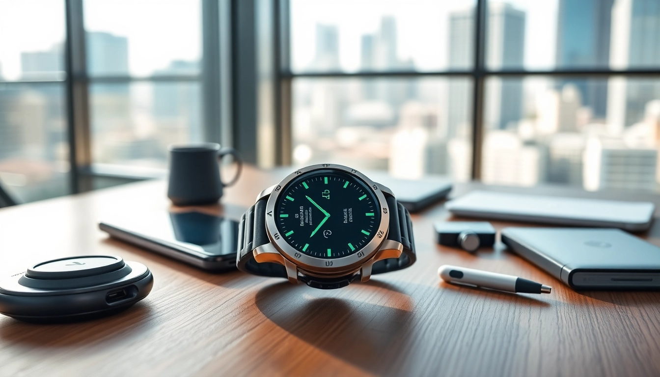 Garmin smartwatch elegantly displayed on a modern desk with tech gadgets.