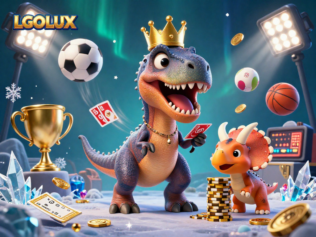 Experience excitement with LGOLUX as T-Rex shuffles cards and friends stack chips in a dynamic casino scene.