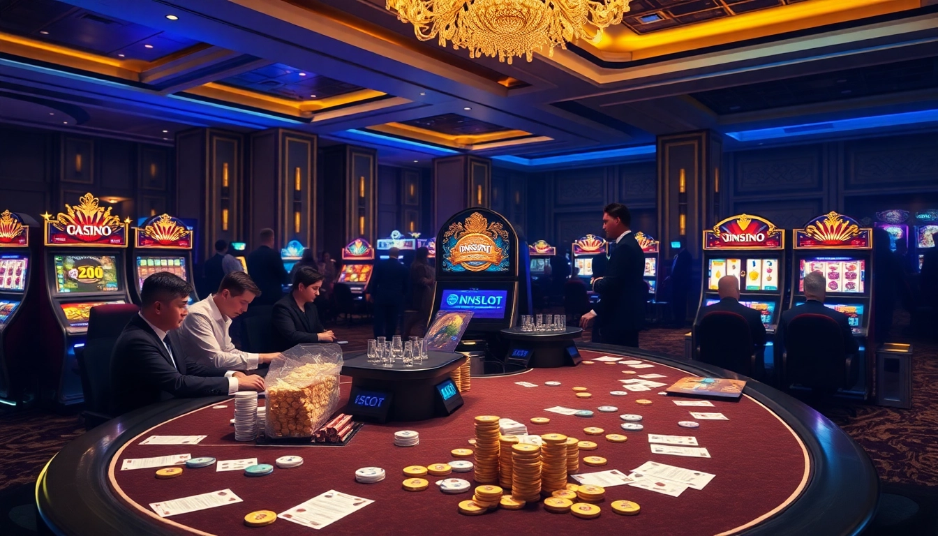 Experience the excitement of idnslot at a luxurious casino with vibrant gaming tables and slot machines.