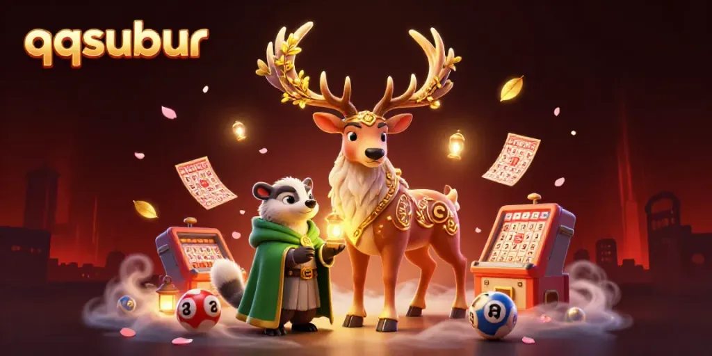 Play the lottery with qqsubur showcasing dynamic 3D characters and festive game elements in an engaging illustration.