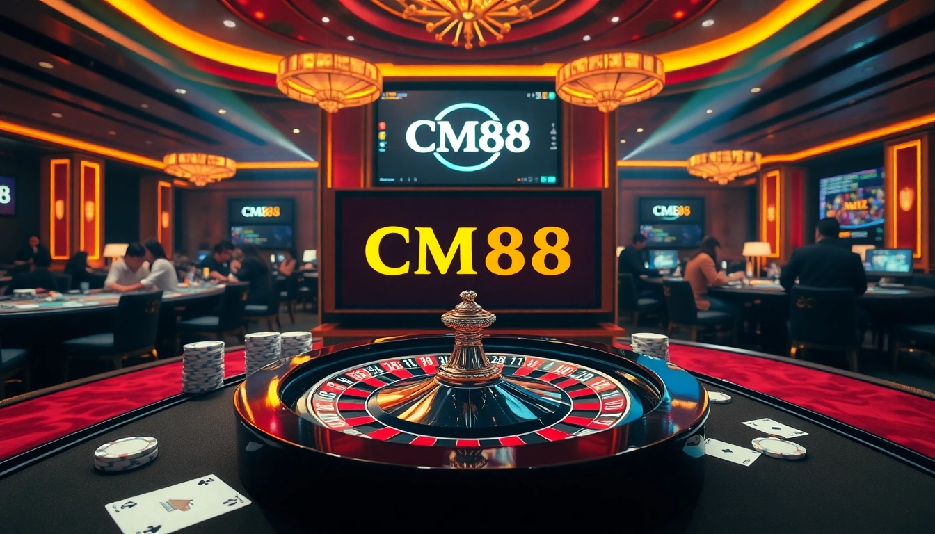Experience thrilling gameplay at CM88 with poker chips and a roulette wheel in a luxurious casino setting.