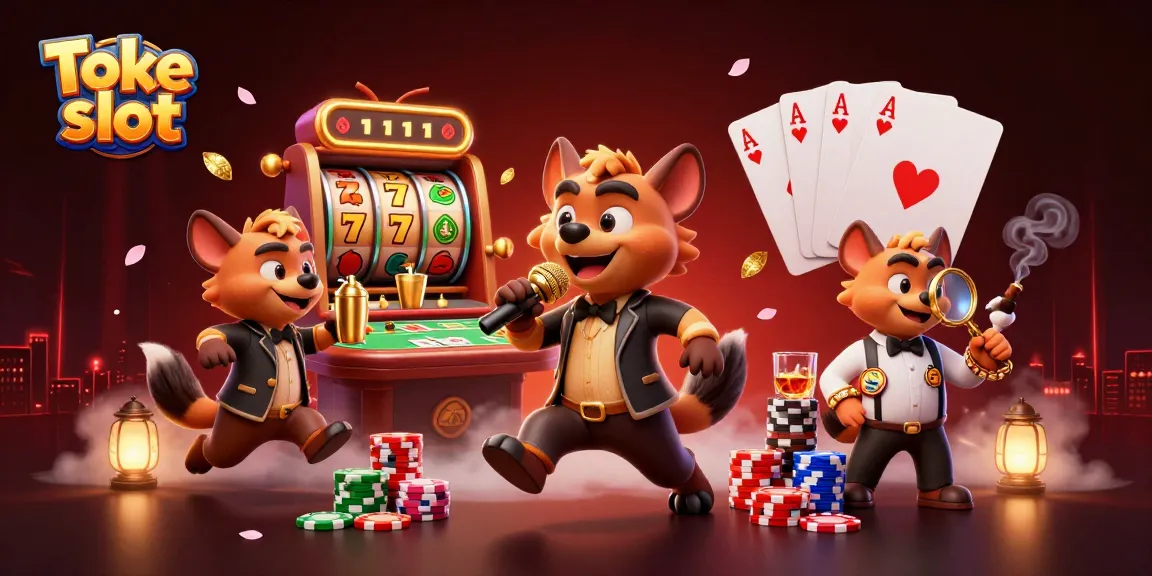 Toke slot spins exciting virtual reels in a lively 3D casino scene featuring hyenas.