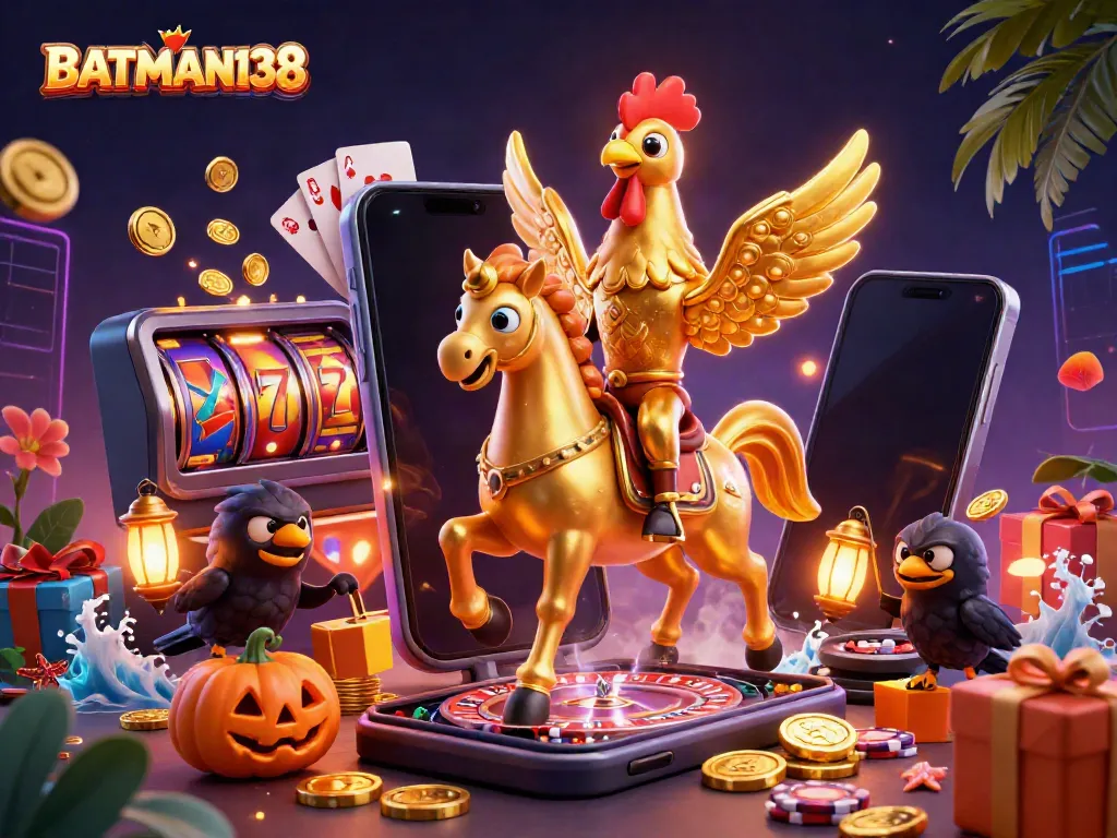 BATMAN138 menghadirkan permainan slot seru dengan simbol kemenangan dan suasana kasino malam yang meriah.