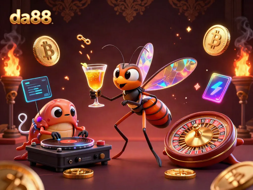 Exciting casino scene with da88 branding, featuring vibrant cartoon characters and crypto elements.
