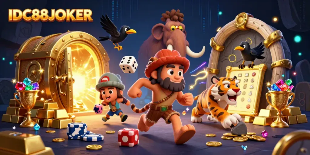 Engage with IDC88JOKER in a vibrant prehistoric casino scene featuring a caveman, sabertooth tiger, and clever crow.