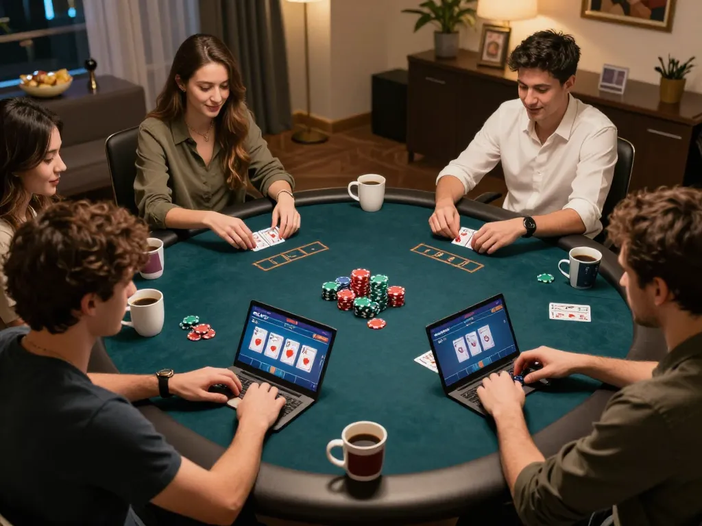 Players using 79king for an exciting online poker game night, showcasing strategy and social interaction.