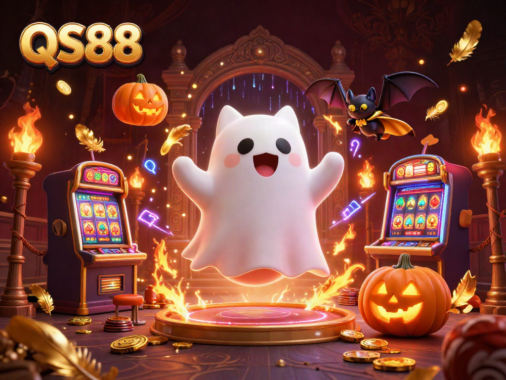 Join the excitement at QS88 with a ghostly cat and bat companion in a vibrant casino atmosphere.
