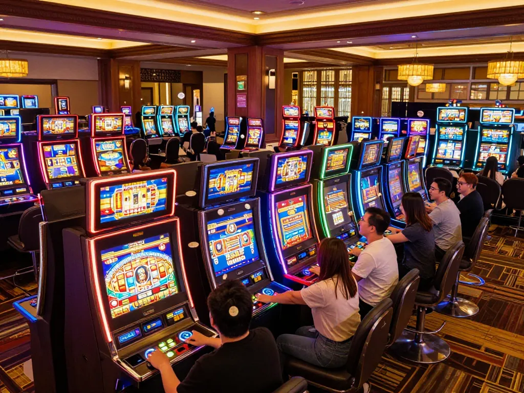 Players enjoying a thrilling slot gacor experience at a modern casino with vibrant machines and engaging atmosphere