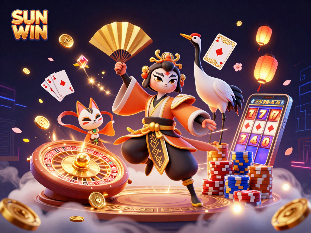 SUN WIN showcases a kabuki warrior and kitsune mask amidst vibrant casino elements, symbolizing winning strategies.