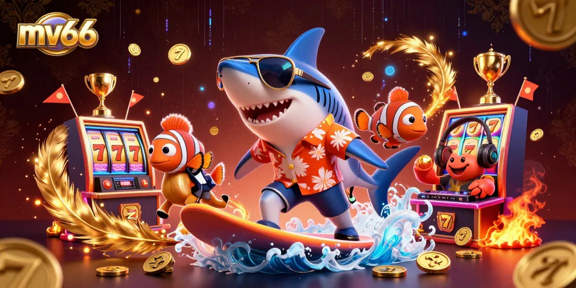 Win big with mv66 while surfing gold coins in a vibrant casino illustration.