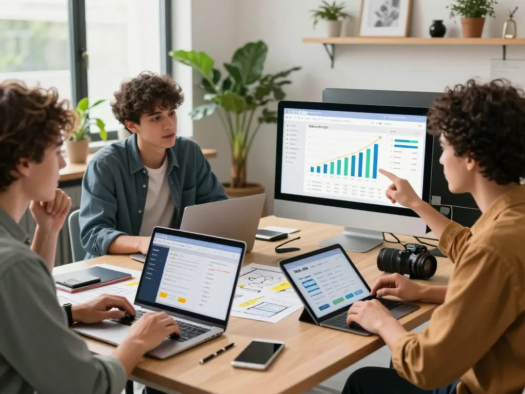 Collaborative online advertising environment showcasing Hela Ads interactions with diverse users in a modern workspace.