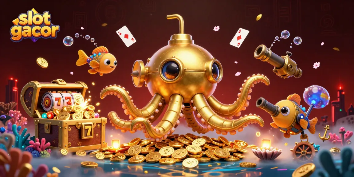 Engage with slot gacor features in a lively underwater scene filled with golden treasures and playful gaming elements.