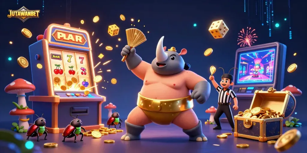 Experience JUTAWANBET's vibrant online slot scene with thrilling characters and dynamic casino elements.