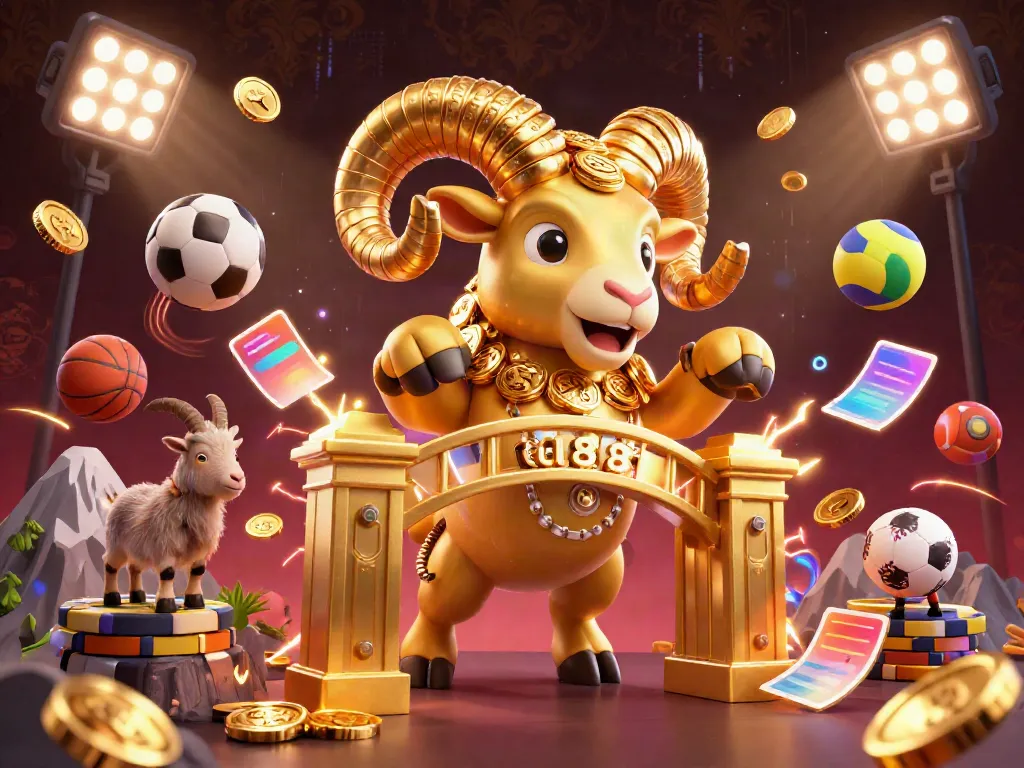 Engaging illustration of au88's casino environment featuring a golden ram and sports betting elements.