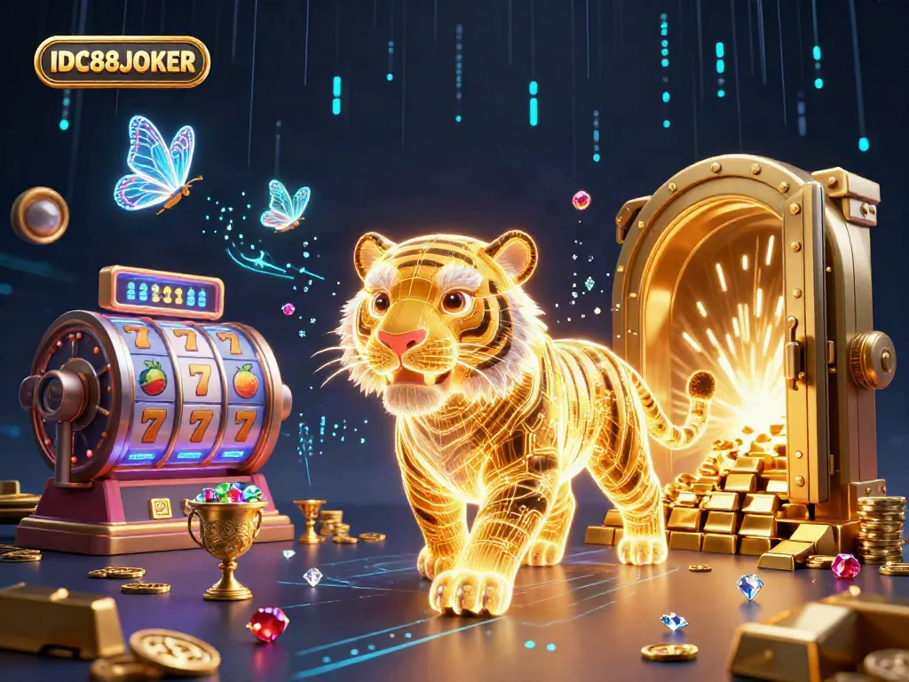 Experience the thrilling world of IDC88JOKER with a vibrant casino scene featuring a neon-wireframe tiger and jackpot elements.
