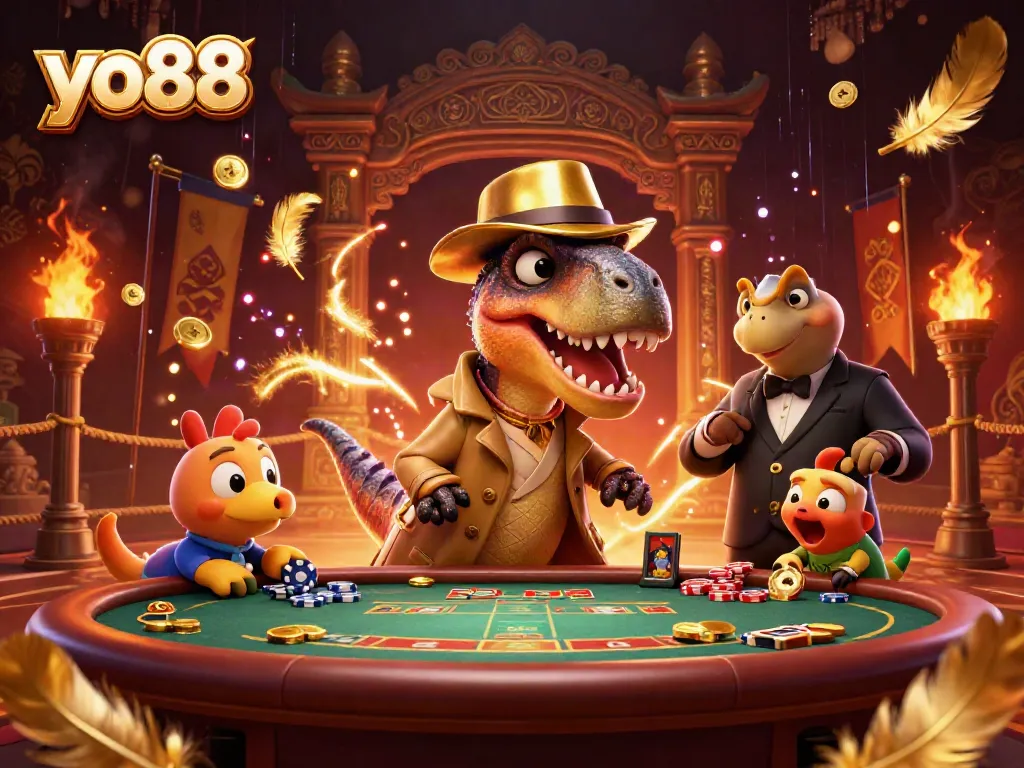 Engage in thrilling gameplay with yo88 as a velociraptor card counter and comrades at an exciting blackjack table.