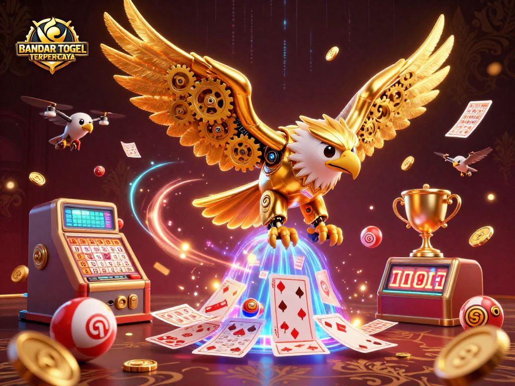 BANDAR TOGEL TERPERCAYA celebrating lottery victories in a dynamic 3D illustration filled with vibrant elements.
