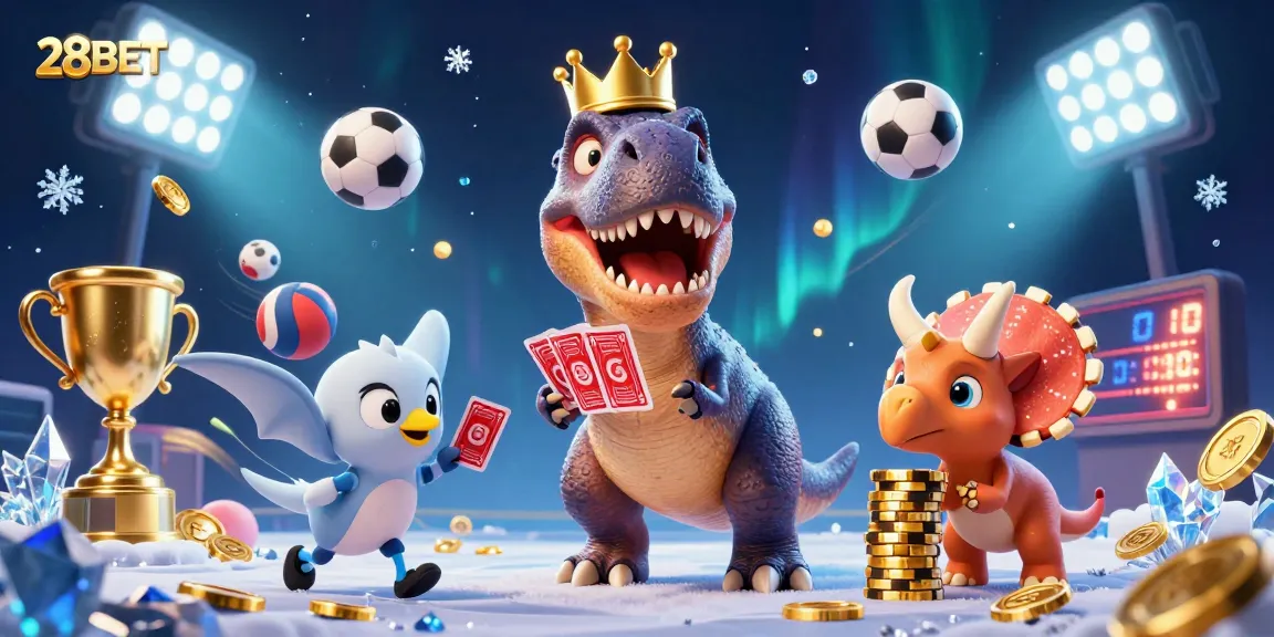 Engage with 28BET's thrilling gaming scene featuring a T-Rex, pterodactyl, and triceratops.