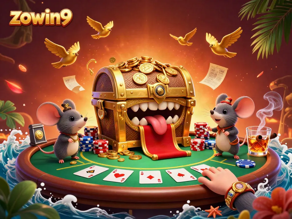 Engage with the vibrant, rich world of zowin9, featuring a treasure chest surrounded by poker elements.