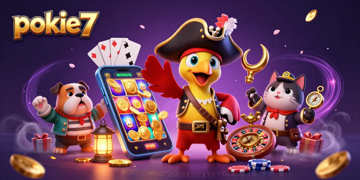 Experience the excitement of pokie7 with a lively casino scene featuring vibrant characters and colorful game elements.