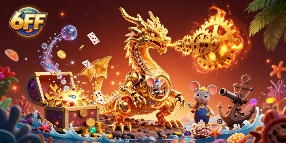 Engage in thrilling adventures with 6FF’s unique gaming experiences featuring a dragon, treasure, and vibrant casino elements.