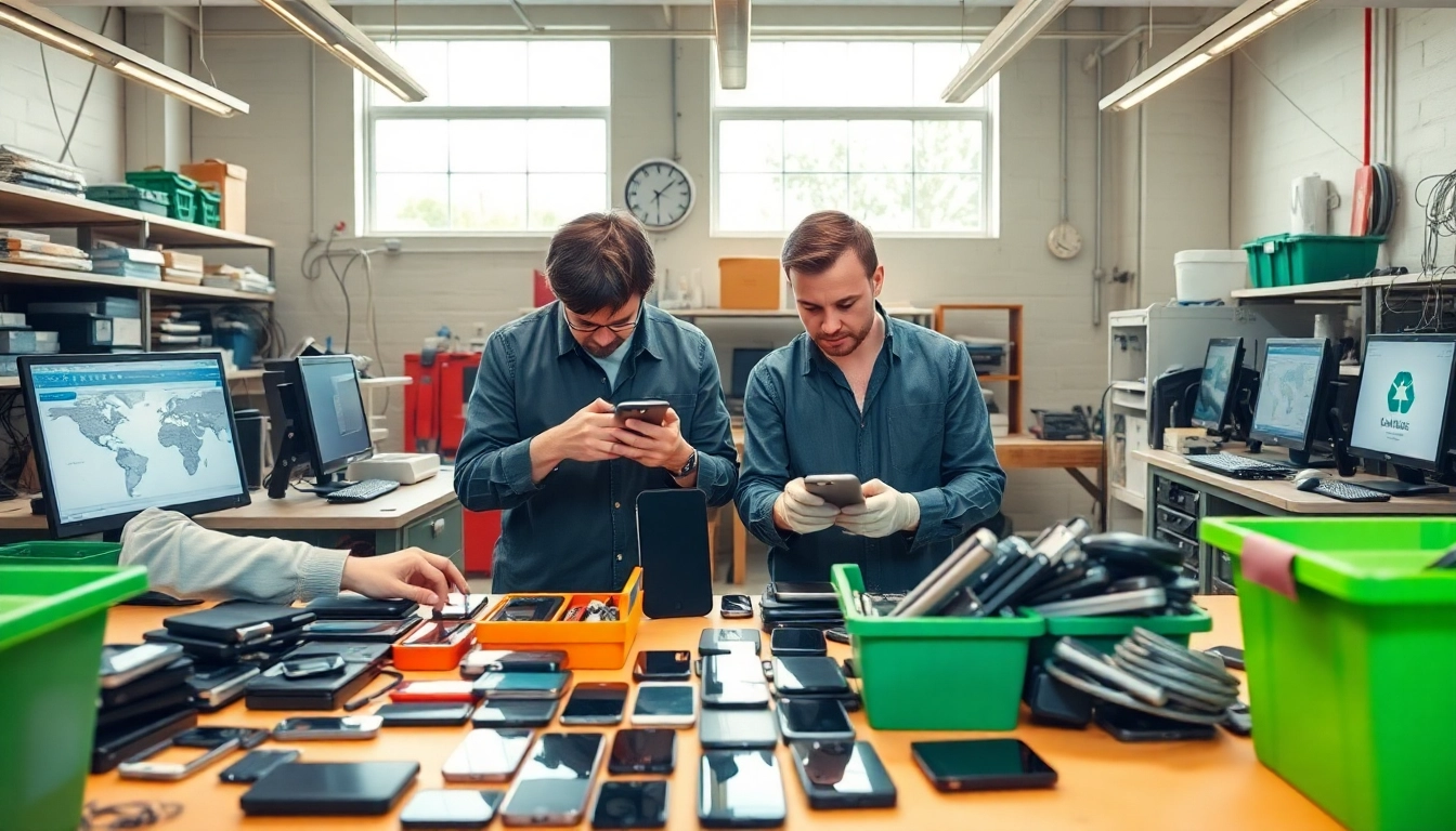 Sell Your Old Devices with technicians assessing smartphones in a recycling center.